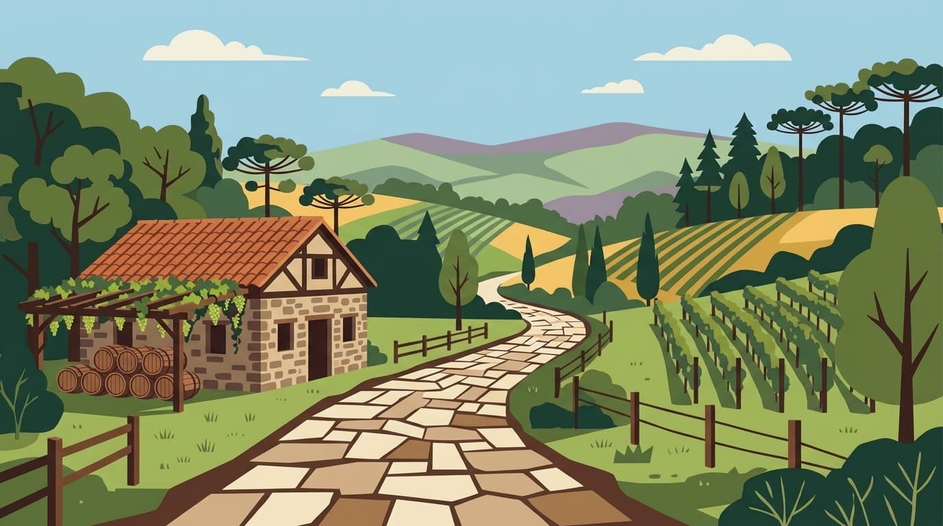 Ilustração de cantina vinícola familiar em Farroupilha cercada por vinhedos de uva moscato e colinas da Serra Gaúcha