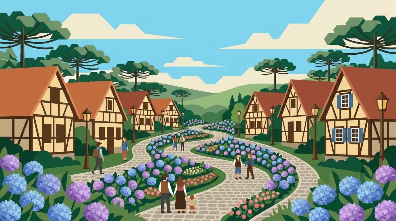 Ilustração da Rua Torta em Gramado com turistas passeando entre canteiros de flores, hortênsias e chalés em enxaimel