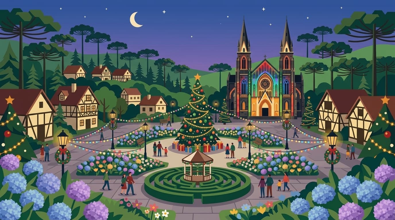 Ilustração de praça central iluminada com árvore de Natal, canteiros floridos, labirinto verde e arquitetura histórica da Serra Gaúcha ao entardecer