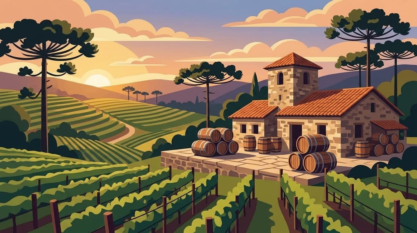 Ilustração de parreirais e cantina típica de pedra com barris de vinho no Vale dos Vinhedos e Caxias do Sul ao entardecer