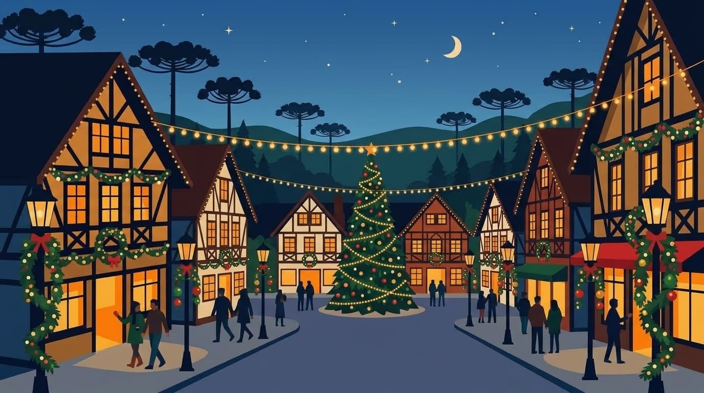 Ilustração da vila natalina iluminada em Gramado durante o Natal Luz com chalés em enxaimel e pinheiros enfeitados