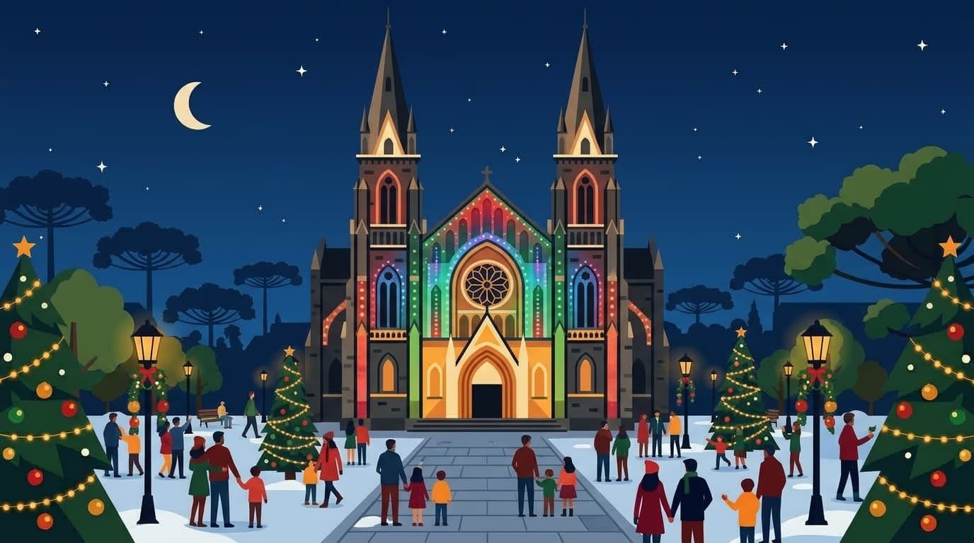 Ilustração da Catedral de Pedra de Canela iluminada por projeções e luzes de Natal durante o Sonho de Natal